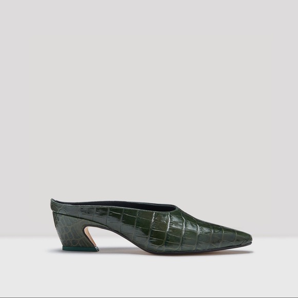 Miista Shoes - Miista Dark Green Croc Glossed Leather Mid-Heels